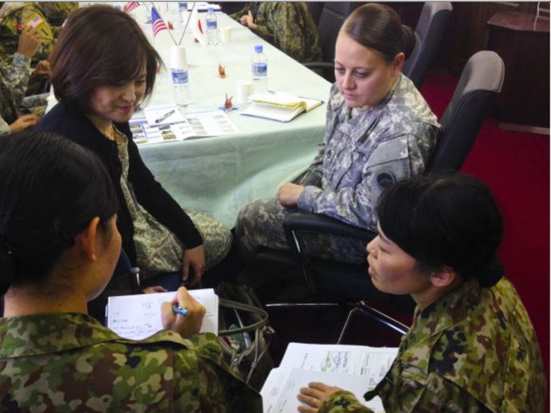 Staff Sgt. Amanda Hess, U.S. Army Japan, speaks with Japanese Ground Self-Defense Force women through an interpreter during a women's mentorship meeting during Exercise Yama Sakura 69 at Camp Itami, Japan, Dec. 5, 2015.