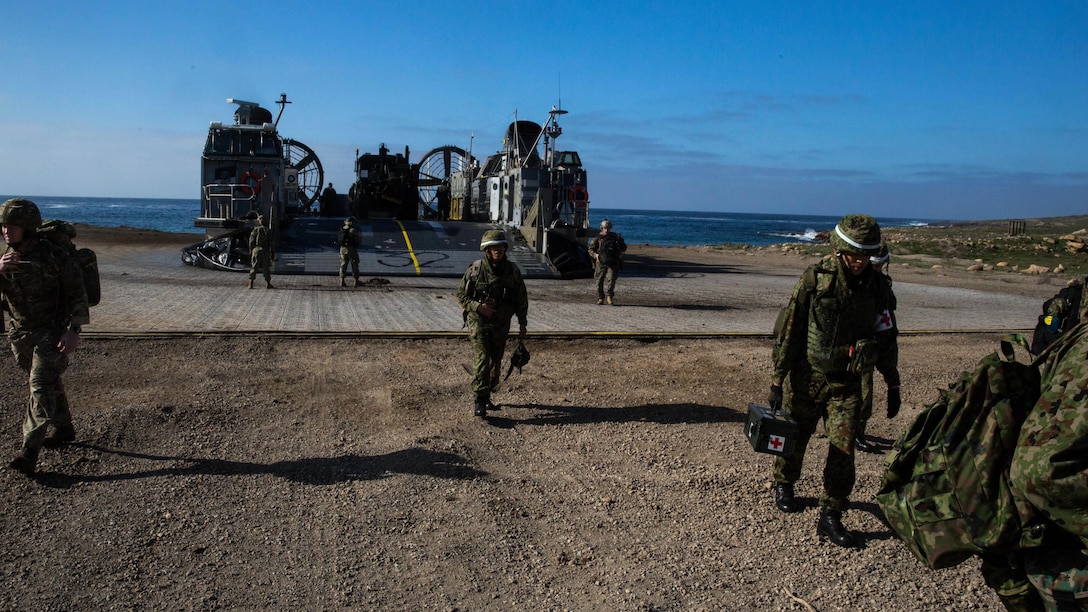 Soldiers with Western Army Infantry Regiment, Japan Ground Self-Defense Force, disembark a Landing Craft Air Cushion onto San Clemente Island, Feb. 21, 2016, in preparation for the supporting arms coordination center exercise(SACCEX) portion of Exercise Iron Fist 2016. Iron Fist is an annual, bilateral amphibious training exercise designed to improve USMC and JGSDF’s ability to plan, communicate and conduct combined amphibious operations at the platoon, company and battalion levels. 