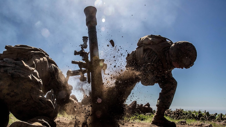 Pfc. Bradley Brandes, a mortarmen with Weapons Company, 1st Battalion, 4th Marine Regiment, fires an 81mm mortar system during the supporting arms coordination exercise (SACCEX) portion of Exercise Iron Fist 2016 on San Clemente Island, Feb. 21, 2016. Iron Fist is an annual, bilateral amphibious training exercise designed to improve U.S. Marine Corps and Japan Ground Self-Defense Force’s ability to plan, communicate and conduct combined amphibious operations at the platoon, company and battalion levels.