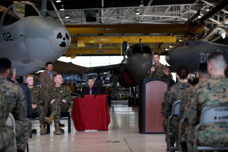 Col. Robert Plevell addresses graduates at the conclusion of a Squadron Intelligence Training and Certification Course at Mid Atlantic Electronic Warfare Range, N.C., Feb. 12, 2016. To date, the course has certified more than 300 Marines enabling them to better integrate into the Marine Air-Ground Task Force. Plevell is the 2nd MAW intelligence officer. (U.S. Marine Corps photo by Cpl. Jason Jimenez/Released)