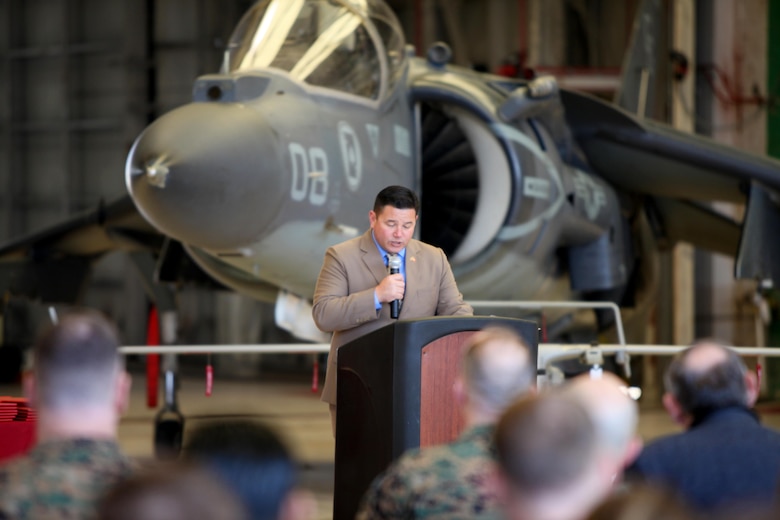 Cristopher Cabingas address graduates at the conclusion of a Squadron Intelligence Training and Certification Course at Mid Atlantic Electronic Warfare Range, N.C., Feb. 12, 2016. To date, the course has certified more than 300 Marines enabling them to better integrate into the Marine Air-Ground Task Force.  Cabingas is an intelligence coordinator for the Intelligence Training Enhancement Program. (U.S. Marine Corps photo by Cpl. Jason Jimenez/Released)