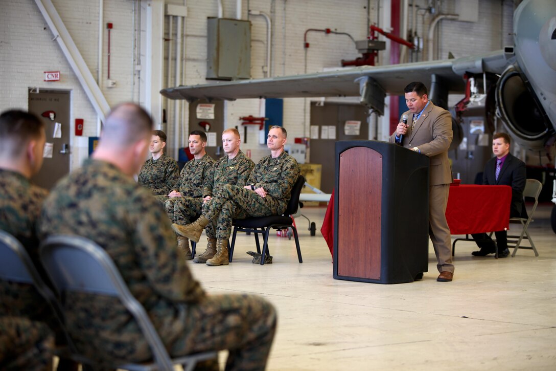 Cristopher Cabingas address graduates at the conclusion of a Squadron Intelligence Training and Certification Course at Mid Atlantic Electronic Warfare Range, N.C., Feb. 12, 2016. To date, the course has certified more than 300 Marines enabling them to better integrate into the Marine Air-Ground Task Force.  Cabingas is an intelligence coordinator for the Intelligence Training Enhancement Program. (U.S. Marine Corps photo by Cpl. Jason Jimenez/Released)