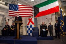 (Feb. 23, 2016) U.S. Ambassador to Kuwait Douglas Silliman delivers remarks during a reception celebrating the 25th anniversary of Kuwait's liberation aboard the amphibious transport dock ship USS Arlington (LPD 24).. Arlington is part of the Kearsarge Amphibious Ready Group (ARG) and, with the embarked 26th Marine Expeditionary Unit (MEU), is deployed in support of maritime security operations and theater security cooperation efforts in the U.S. 5th Fleet area of operations.