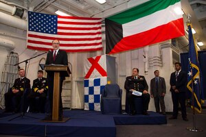 (Feb. 23, 2016) U.S. Ambassador to Kuwait Douglas Silliman delivers remarks during a reception celebrating the 25th anniversary of Kuwait's liberation aboard the amphibious transport dock ship USS Arlington (LPD 24).. Arlington is part of the Kearsarge Amphibious Ready Group (ARG) and, with the embarked 26th Marine Expeditionary Unit (MEU), is deployed in support of maritime security operations and theater security cooperation efforts in the U.S. 5th Fleet area of operations.