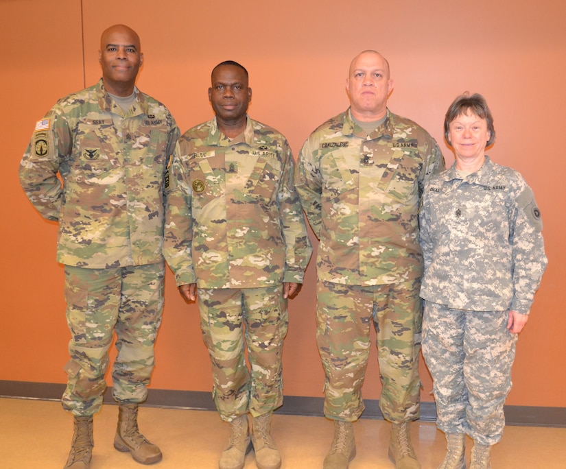 Command Sgt. Maj. Donald Seay, 483rd Transportation Battalion command sergeant major, Command Sgt. Maj. Grady Blue, 311th Expeditionary Sustainment Command command sergeant major, Command Sgt. Maj. Mario Canizales, 650th Regional Support Group command sergeant major, and Command Sgt. Maj. Denise Dial, 469th Combat Sustainment Support Battalion command sergeant major, traveled to Las Vegas to attend the 650th RSG Yearly Training Brief Readiness Workshop 2016 at the George W. Dunaway Army Reserve Center in Sloan, Nev., Feb. 27.
