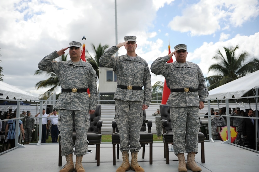 The 1st Mission Support Command (MSC) held a change of command ceremony where Brig. Gen. Jose R. Burgos relinquished command to Brig. Gen. Alberto C. Rosende, at Maxie Williams Field, Fort Buchanan on Feb. 26. (U.S. Army photo by Spc. Anthony Martinez)