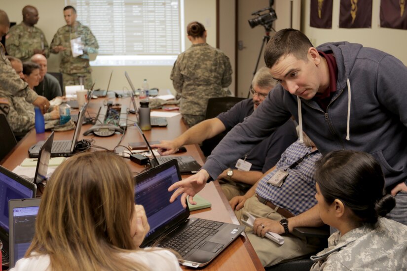 Capt. Mathew Young, an overseas deployment training manager at U.S. Army Reserve Command, conducts a training session on the Mission Analysis, Readiness & Resource Synchronization (MARRS) system to various operations personnel from around the Army at Fort Sam Houston, Feb. 22. When a need is required for a specific mission, the requestor is able to search on the MARRS system while inputting certain parameters. The system then pulls all pertinent information from different databases and populates the system with units that fit the mission.