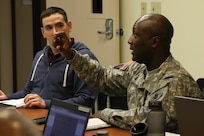 Capt. Brian Jackson, an Army Reserve Engagement Cell Planner for Army South, asks for more information about the Mission Analysis, Readiness & Resource Synchronization (MARRS) during an informational brief with various Army Reserve Soldiers in leadership roles. The Army Reserve currently has the capability to perform a full range of operations, which include disaster response with facilities located in 1,200 communities across the nation. (U.S. Army Reserve photo by Sgt. Bethany L. Huff)