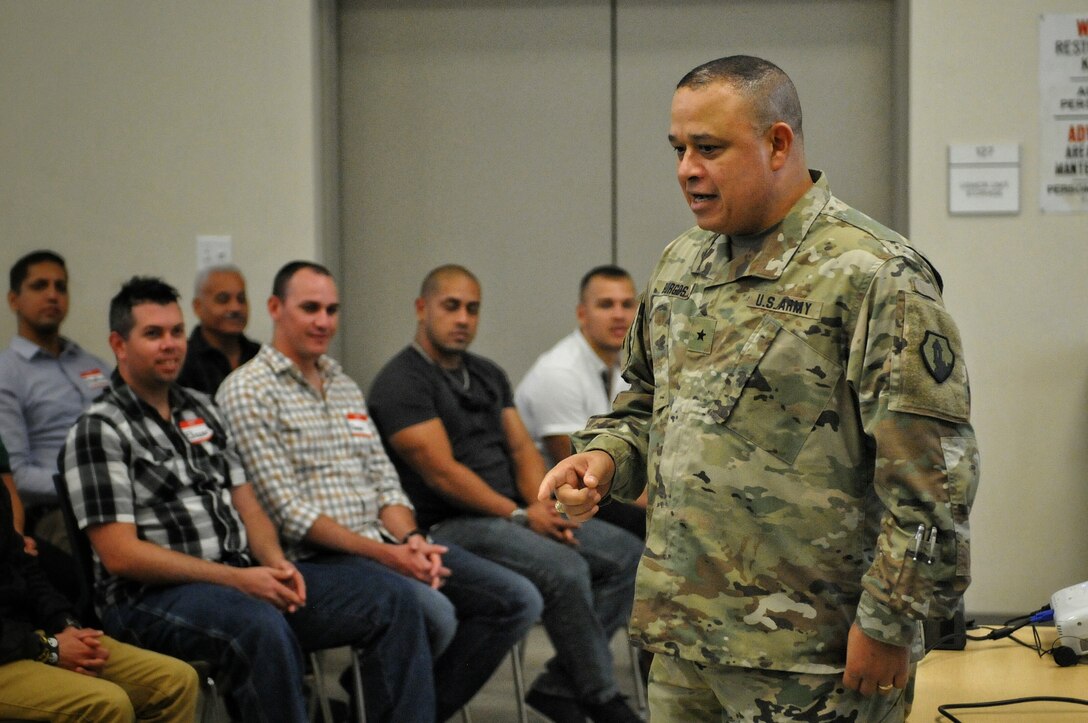 Brig. Gen. Jose R. Burgos, commanding general, 1st Mission Support Command, speaks to Soldiers during the three day  ACE-SI and ASIST training at the 1st MSC Headquarters, Fort Buchanan, PR, Feb. 23-25. Burgos recognized the hard work and dedication of the training instructors. (US Army Photo by Spc. Anthony Martinez)