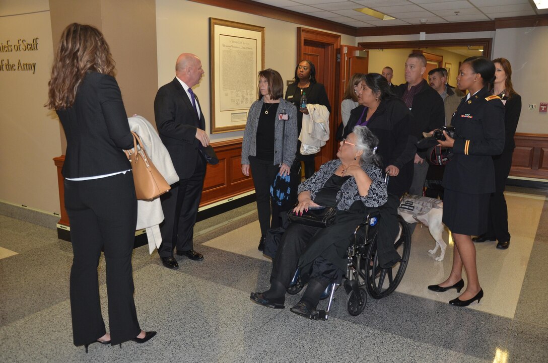 James Balocki, chief executive officer and director, Services and Installations for the Army Reserve, shows members of the Forward Support Company’s Family Readiness Group various locations in the Pentagon, after receiving the 2015 Department of Defense Reserve Family Readiness Award, Feb. 26, as the best FRG in the Army Reserve.