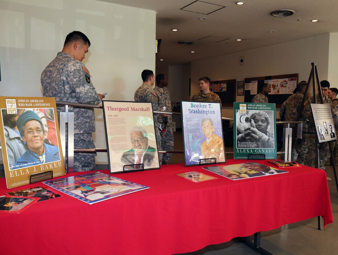 Graphic images depicting several accomplished African Americans that impacted US history were on display during the Camp Zama Black History Month Observance held Feb 18, at the Camp Zama Community Activity Center. (U.S. Army photo by Alia Naffouj)