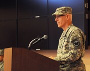 Maj. Gen. Peter Lennon, U.S. Army Reserve commanding general for support, speaks to the friends, families, civilians and Soldiers of the 88th Regional Support Command during a change of command ceremony on Fort McCoy, Wis., Dec. 4. “Today is a day we celebrate two great leaders – we celebrate an organization, we celebrate our country,” said Lennon. “It’s also a day to say thank you. Thank you to the organization, thank you to the Soldiers, civilians, contractors, and the families who support them to make this country great.”