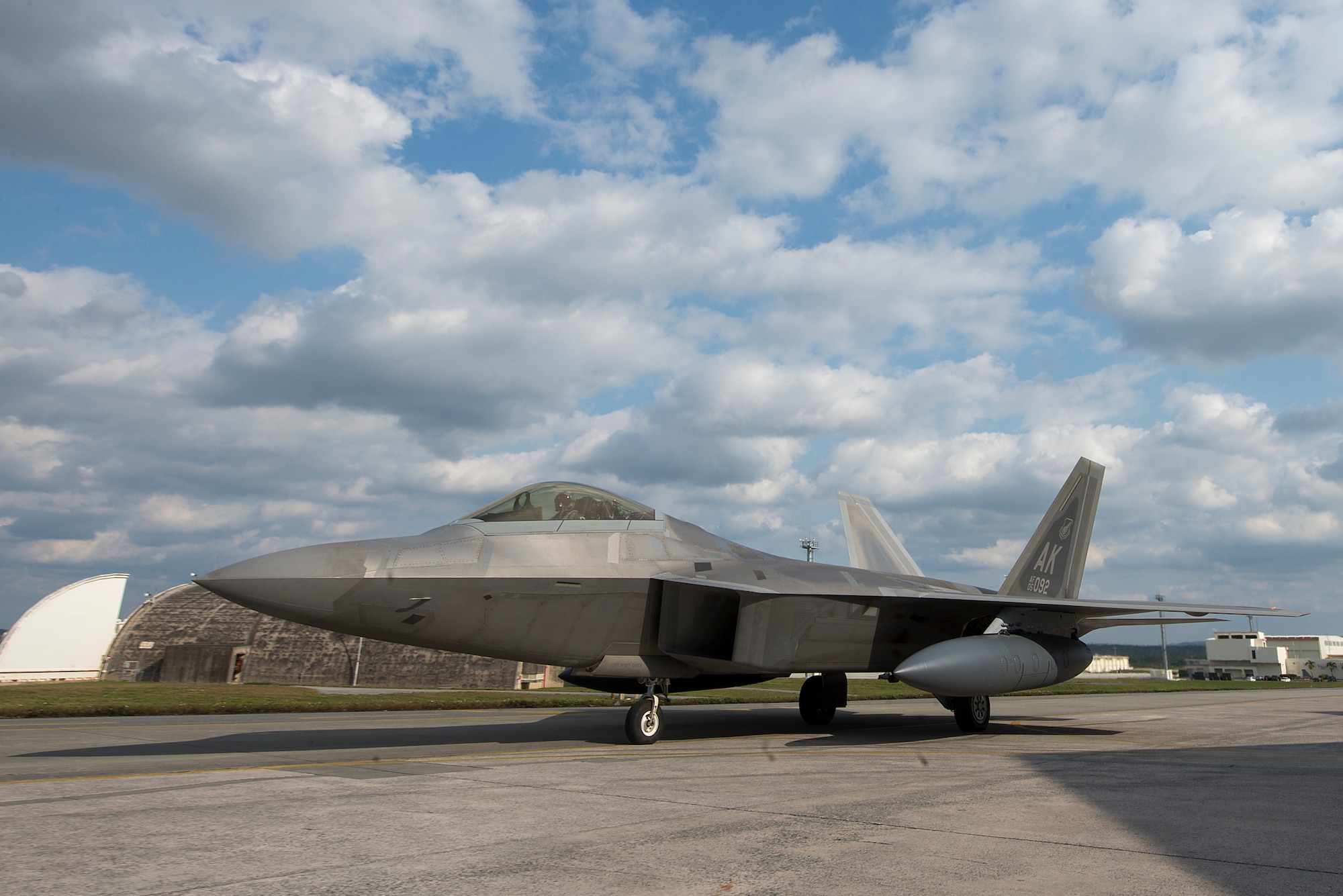 U.S. Air Force Lt. Col. Brandon Tellez, 525th Fighter Squadron commander, taxis his F-22 Raptor for takeoff Feb. 17, 2016, at Kadena Air Base, Japan. Four Raptors from the 525th FS stationed at Joint Base Elmendorf-Richardson conducted a combined formation flight alongside Republic of Korea U.S. Air Force fighter aircraft in the vicinity of Osan Air Base, South Korea, to demonstrate the capabilities of the ROK-U.S. Alliance Feb. 17. The combined mission demonstrates the strength of the alliance between the United States and the Republic of Korea, and the resolve of both nations to maintain stability and security on the peninsula. (U.S. Air Force photo by Staff Sgt. Maeson L. Elleman)