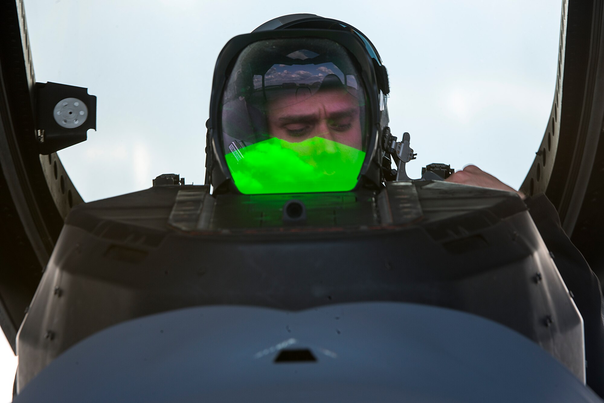 U.S. Air Force Lt. Col. Brandon Tellez, 525th Fighter Squadron commander and F-22 Raptor pilot, conducts pre-flight checks and prepares for takeoff Feb 17, 2016, at Kadena Air Base, Japan. The F-22 is the most capable air superiority fighter in the world, and it represents one of many capabilities available for the defense of the U.S. and its allies around the globe. (U.S. Air Force photo by Staff Sgt. Maeson L. Elleman)