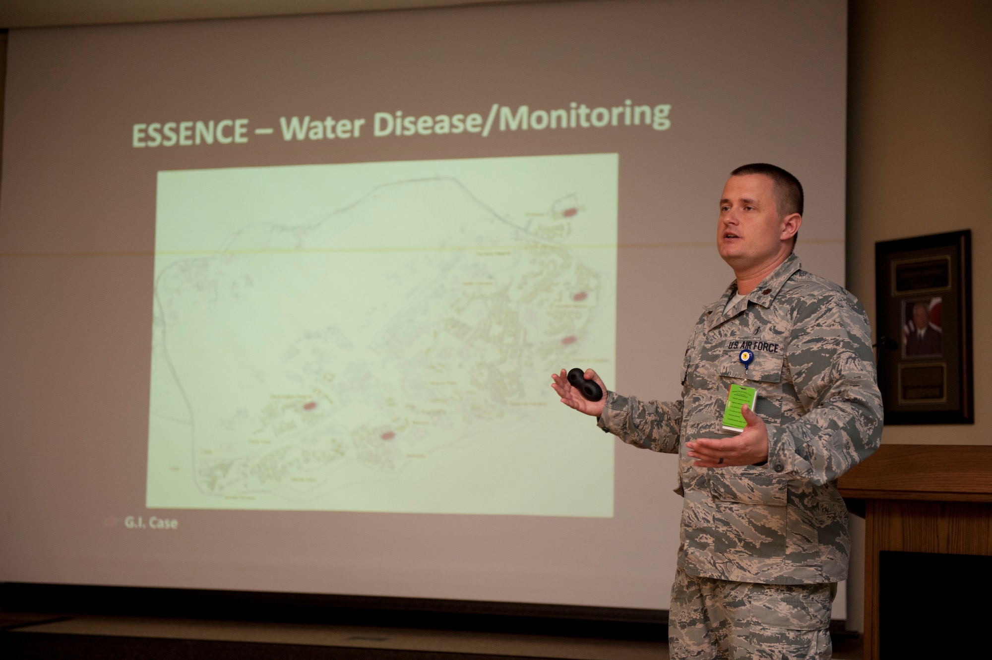 U.S. Air Force Maj. Andrew Wagner, 18th Aerospace Medical Squadron theater preventive medicine chief, speaks about water quality monitoring during an Okinawa Public Health Partners seminar in the 18th Medical Group Clinic Feb. 25, 2016, at Kadena Air Base, Japan.  Wagner and other members of the 18th AMDS collaborated with Japanese partners on plans to enhance communication and monitoring capabilities of environmental health agencies in Okinawa. (U.S. Air Force photo by Senior Airman Peter Reft)