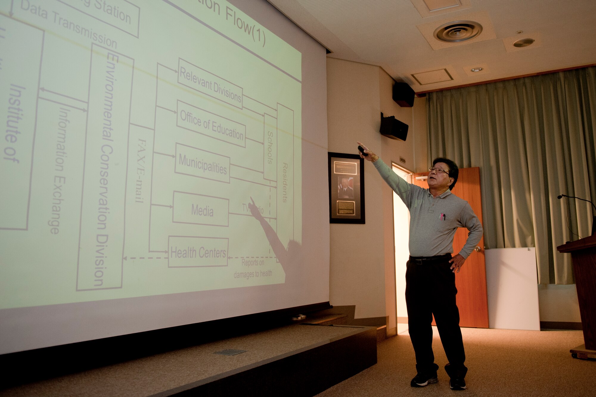 Dr. Toshihiko Miyagi, retired Okinawa Prefecture Government Institute of Health Environment member, speaks about communication flow with air quality monitoring stations in the 18th Medical Group clinic Feb. 25, 2016, at Kadena Air Base, Japan. Miyagi participated in an Okinawa Public Health Partners seminar to boost relationships between U.S. and Japanese partners and discuss various environmental health concerns in Okinawa. (U.S. Air Force photo by Senior Airman Peter Reft)