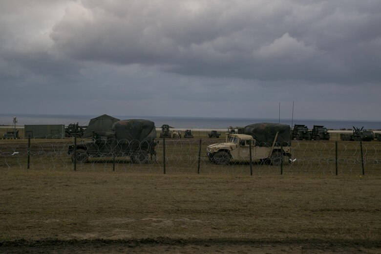 A forward operating base sits along the coast of the training area Feb. 3 on Ie Shima, Okinawa, Japan. Marines with 9th Engineer Support Battalion, 3rd Marine Logistics Group, III Marine Expeditionary Force performed a field training exercise Jan. 25 to Feb. 4. The purpose of the exercise was to test the unit’s ability to deploy and use command and control ability over a wide area. 
