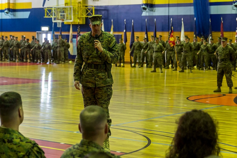 Sgt. Maj. Coleman Kinzer, outbound Headquarters and Headquarters Squadron sergeant major, addresses the audience during his relief and appointment ceremony at Marine Corps Air Station Iwakuni, Japan, Feb. 26, 2016. Kinzer relinquished his duties as H&HS sergeant major to Sgt. Maj. Darnell Richardson. Kinzer is slated to become the sergeant major at Marine Light Attack Helicopter Squadron 367, MCAS Kaneohe Bay, Hawaii.