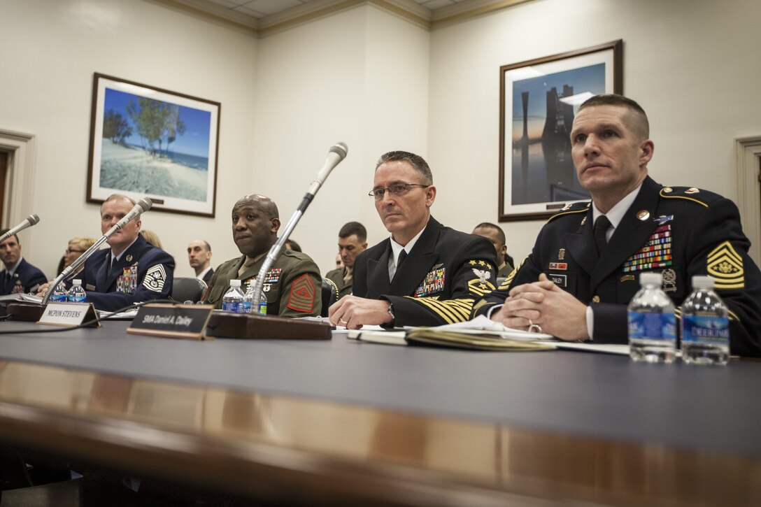 The 18th Sergeant Major of the Marine Corps, Ronald L. Green, delivers his testimony on Capitol Hill, Washington D.C., Feb. 26, 2016. Alongside other Service Chiefs, Sgt. Maj. Green testified on quality of life issues within the military before the Committee on Appropriations, Military Construction, U.S. House of Representatives. (U.S. Marine Corps photo by Sgt. Melissa Marnell, Office of the Sergeant Major of the Marine Corps/Released)