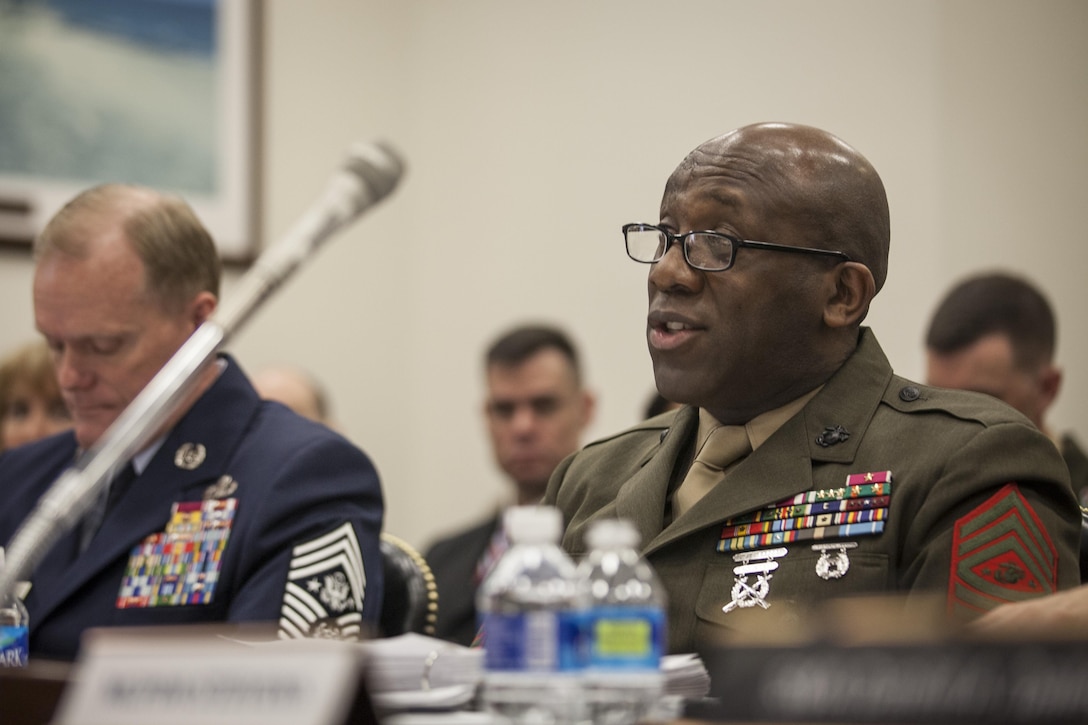 The 18th Sergeant Major of the Marine Corps, Ronald L. Green, delivers his testimony on Capitol Hill, Washington D.C., Feb. 26, 2016. Alongside other Service Chiefs, Sgt. Maj. Green testified on quality of life issues within the military before the Committee on Appropriations, Military Construction, U.S. House of Representatives. (U.S. Marine Corps photo by Sgt. Melissa Marnell, Office of the Sergeant Major of the Marine Corps/Released)