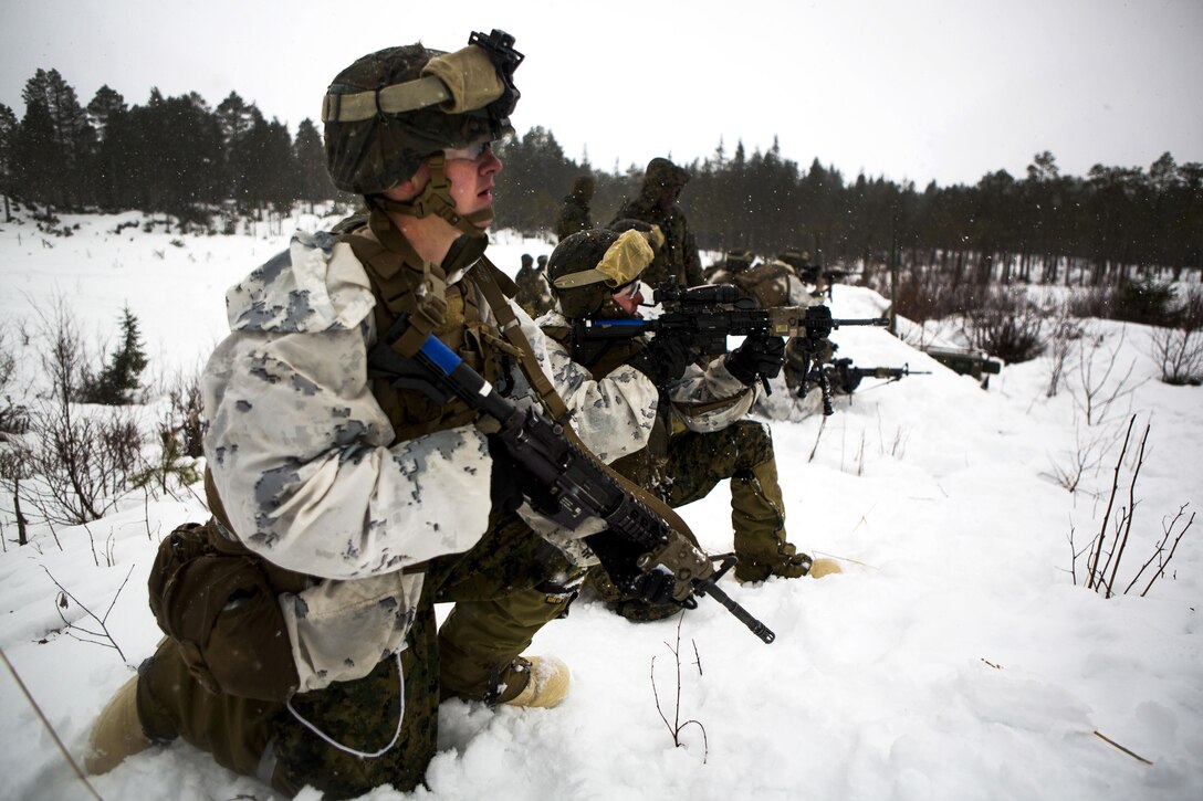Marines participate in a platoon assault drill as a part of Exercise Cold Response 16 on range U-3 in Frigard, Norway, Feb. 23, 2016. The Marines are assigned to India Company, 3rd Battalion, 2nd Marine Regiment, 2nd Marine Division. The exercise is a Norwegian invitational previously-scheduled exercise that will involve approximately 16,000 troops from 12 NATO and partner countries. U.S. Marine Corps photo by Cpl. Rebecca Floto