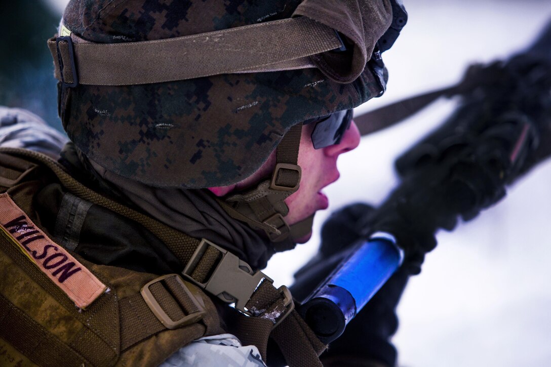 A Marine participates in a platoon assault drill as a part of Exercise Cold Response 16 on range U-3 in Frigard, Norway, Feb. 23, 2016. U.S. Marine Corps photo by Cpl. Rebecca Floto