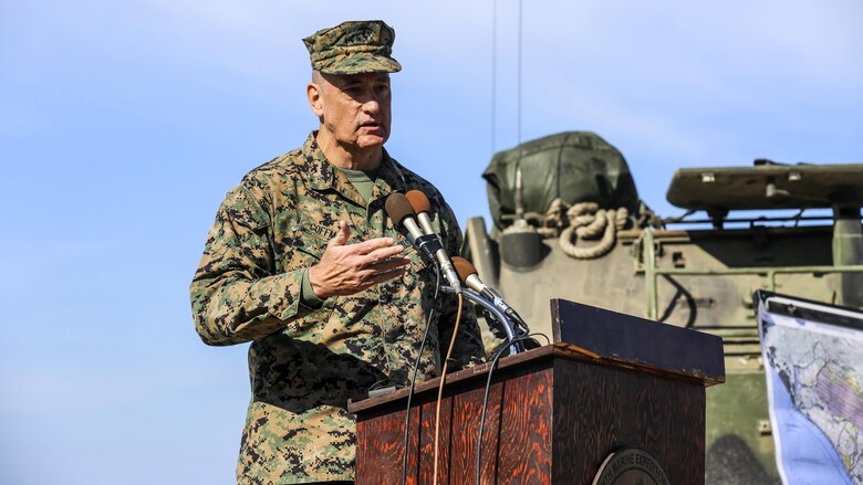 Brig. Gen. David Coffman, deputy commanding general, I Marine Expeditionary Force, speaks to media during a press conference at the amphibious landing exercise for Exercise Iron Fist 2016. PHIBLEX is a ship-to-shore landing exercise involving U.S. Marines sailors and Japanese soldiers, launched from the USS Somerset, onto the beaches of Marine Corps Base Camp Pendleton. Iron Fist is an annual, bilateral amphibious training exercise designed to improve USMC and JGSDF’s ability to plan, communicate and conduct combined amphibious operations at the platoon, company and battalion levels.