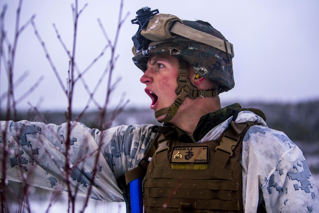 Marine Corps Cpl. Benjamin Peagler yells out a order to his team while participating in a platoon assault drill as a part of Exercise Cold Response 16 on range U-3 in Frigard, Norway, Feb. 23, 2016. Peagler is assigned to India Company, 3rd Battalion, 2nd Marine Regiment, 2nd Marine Division. U.S. Marine Corps photo by Cpl. Rebecca Floto