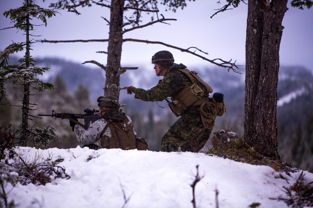 Marines participate in a platoon assault drill as a part of Exercise Cold Response 16 on range U-3 in Frigard, Norway, Feb. 23, 2016. U.S. Marine Corps photo by Cpl. Rebecca Floto