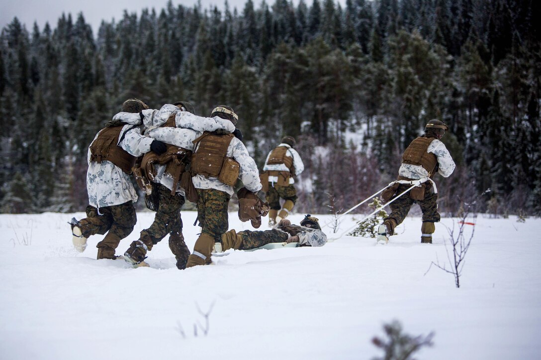 Marines participate in medical evacuation training during platoon assault drill as a part of Exercise Cold Response 16 on range U-3 in Frigard, Norway, Feb. 23, 2016. U.S. Marine Corps photo by Cpl. Rebecca Floto