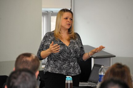 Christine Ploschke, acting chief, Environmental Division, and Environmental Compliance Branch and Energy Branch manager with the Army Reserve’s 99th Regional Support Command at Joint Base McGuire-Dix-Lakehurst, New Jersey, addresses the facility coordinator training class held Feb. 23 at Fort Indiantown Gap, Pennsylvania. The two-day class was designed to help coordinators improve their individual Army Reserve center.  The 99th is offering the training monthly throughout the 13-state region it oversees.