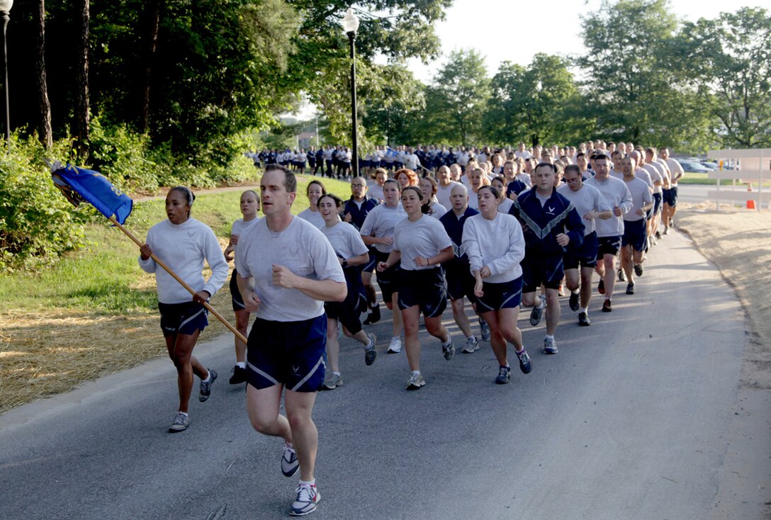 US Air Force Airmen stationed at Fort George G. Meade, MD, take part in a "Resiliency Run", May 18, 2012. The run is an effort to build esprit de corps and camaraderie amongst the many different units and services at Fort Meade.
(U.S. Army photo by Spc. Christopher Wellner/Released)