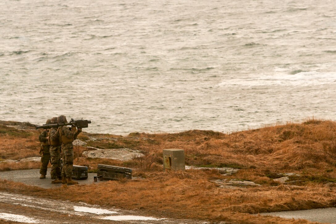 U.S. Marines with 2nd Low Altitude Air Defense Battalion, 2nd Marine Expeditionary Brigade stand at the ready line as they await their turn to fire the Stinger missile Feb. 24, 2016, at Ørland, Norway. The live-fire event was held in preparation for Exercise Cold Response 16, featuring 12 NATO allies and partner nations and approximately 16,000 troops. (U.S. Marine Corps photo by Cpl. Dalton A. Precht/released)