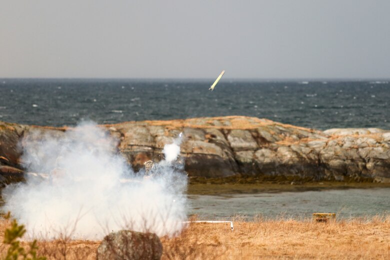 A U.S. Marine Corps Stinger missile prepares to ignite its flight motor as it's launched during a live-fire event in Ørland, Norway, Feb. 24, 2016. During this event, the Marines and the Norwegian military worked side-by-side as they took to the firing line to put their equipment to the test. The live-fire event was held in preparation for Exercise Cold Response 16, featuring 12 NATO allies and partner nations and approximately 16,000 troops. (U.S. Marine Corps photo by Cpl. Dalton A. Precht/released)