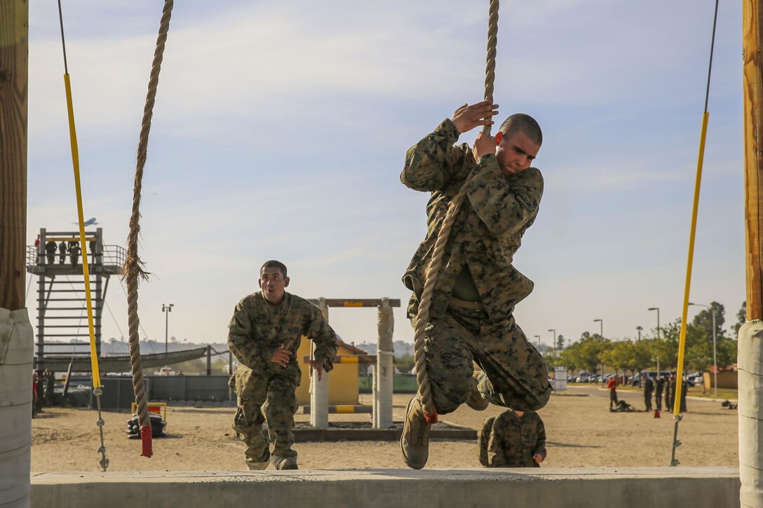 Marine Corps recruits participate in a confidence course at Marine Corps Recruit Depot San Diego, Feb. 23, 2016. The recruits are assigned to Alpha Company, 1st Recruit Training Battalion. Marine Corps photo by Lance Cpl. Angelica I. Annastas