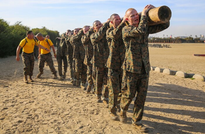 Recruits of Golf Company, 2nd Recruit Training Battalion, conduct log drills during a physical training session at Marine Corps Recruit Depot San Diego, Feb. 23. If one recruit failed to put in the amount of effort needed, the rest of the group had to pick up the slack. Staying in step is a form of discipline that teaches recruits to get used to working together. Annually, more than 17,000 males recruited from the Western Recruiting Region are trained at MCRD San Diego. Golf Company is scheduled to graduate April 29.