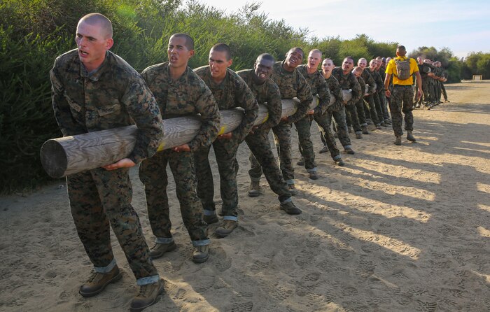 Recruits of Golf Company, 2nd Recruit Training Battalion, execute side crunches with logs during a physical training session at Marine Corps Recruit Depot San Diego, Feb. 23. Each exercise helped recruits develop cardiovascular endurance and prepare for future physical endeavors. Annually, more than 17,000 males recruited from the Western Recruiting Region are trained at MCRD San Diego. Golf Company is scheduled to graduate April 29.