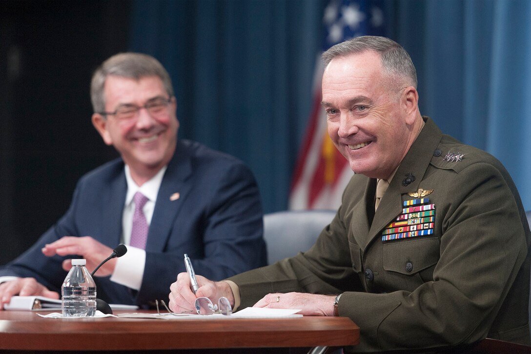 Defense Secretary Ash Carter and Marine Corps Gen. Joseph F. Dunford Jr., chairman of the Joint Chiefs of Staff, discuss progress made against the Islamic State of Iraq and the Levant and lessons learned in Afghanistan during a briefing at the Pentagon, Feb. 29, 2016. DoD photo by Navy Petty Officer 2nd Class Dominique A. Pineiro