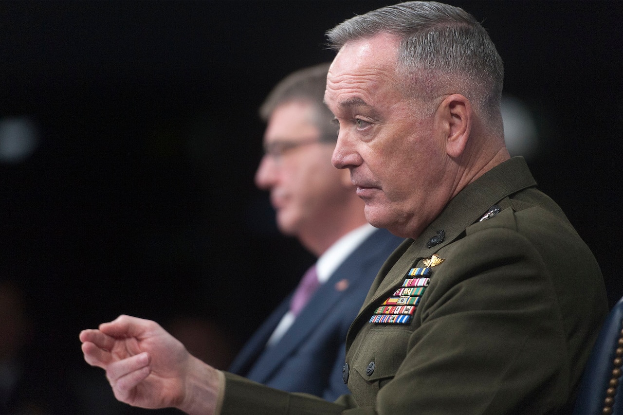 Marine Corps Gen. Joseph F. Dunford Jr., chairman of the Joint Chiefs of Staff, and Defense Secretary Ash Carter hold a press conference at the Pentagon, Feb. 29th, 2016, to discuss progress against the Islamic State of Iraq and the Levant and lessons learned in Afghanistan during a Pentagon press briefing. DoD Photo by Navy Petty Officer 2nd Class Dominique A. Pineiro