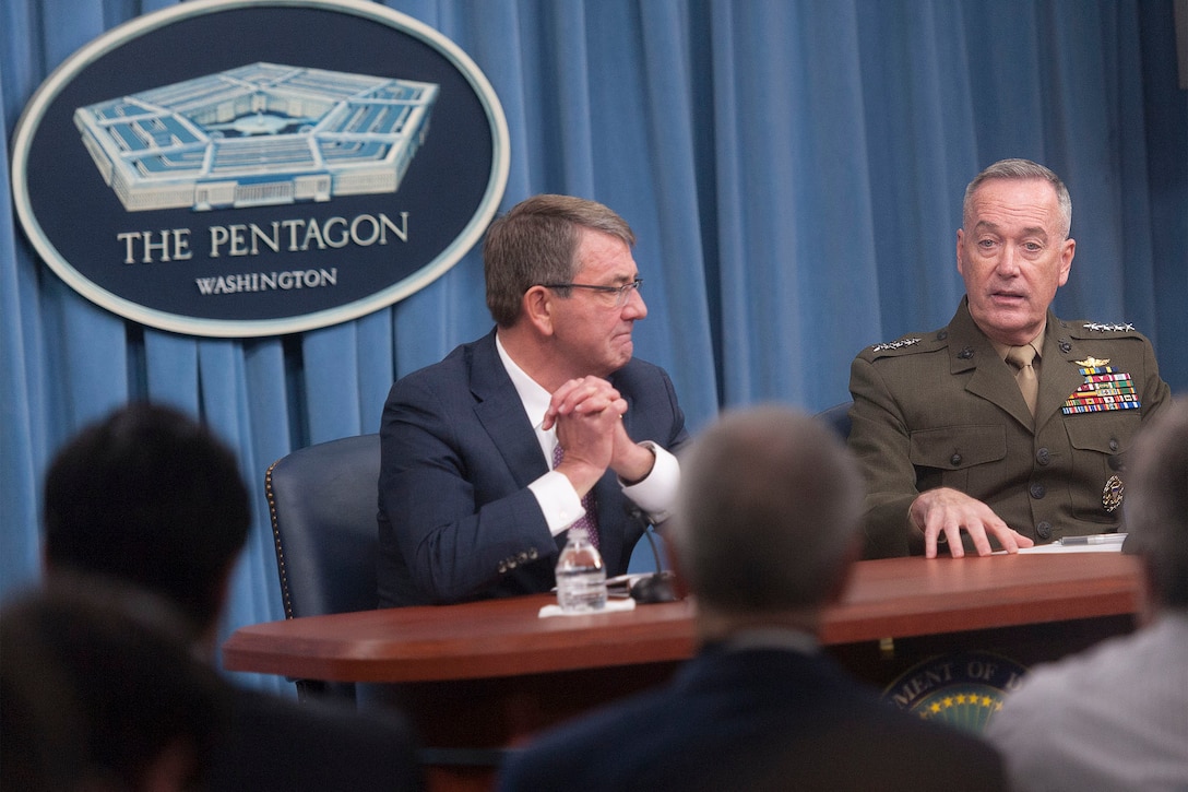 Defense Secretary Ash Carter and Marine Corps Gen. Joseph F. Dunford Jr., chairman of the Joint Chiefs of Staff, discuss progress made against the Islamic State of Iraq and the Levant and lessons learned in Afghanistan during a Pentagon press briefing, Feb. 29, 2016. DoD photo by Navy Petty Officer 2nd Class Dominique A. Pineiro