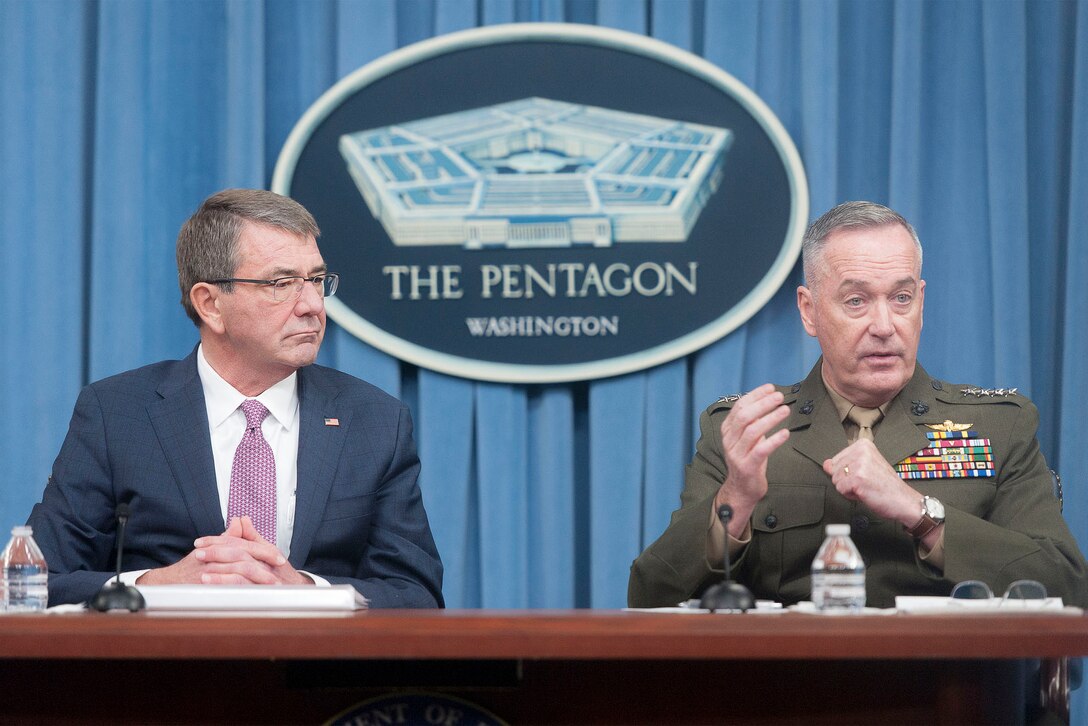 Defense Secretary Ash Carter and Marine Corps Gen. Joseph F. Dunford Jr., chairman of the Joint Chiefs of Staff, discuss progress made against the Islamic State of Iraq and the Levant and lessons learned in Afghanistan during a briefing at the Pentagon, Feb. 29, 2016. DoD photo by Navy Petty Officer 2nd Class Dominique A. Pineiro