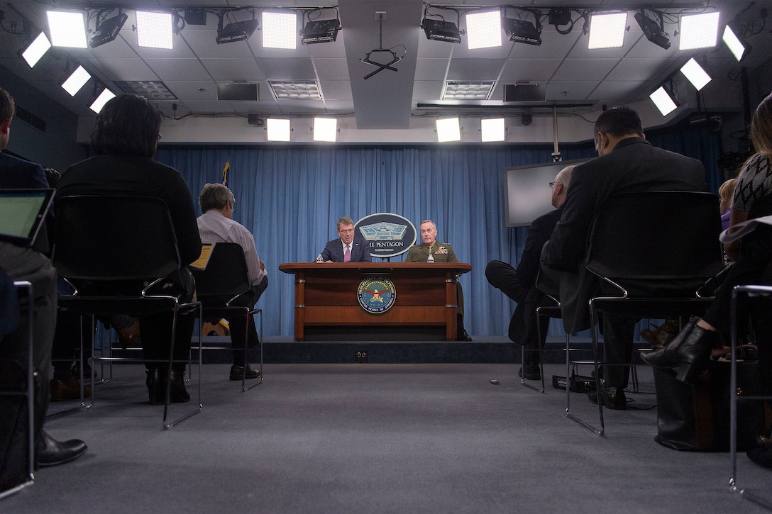 Defense Secretary Ash Carter and Marine Corps Gen. Joseph F. Dunford Jr., chairman of the Joint Chiefs of Staff, discuss progress made against the Islamic State of Iraq and the Levant and lessons learned in Afghanistan during a Pentagon press briefing, Feb. 29, 2016. DoD photo by Navy Petty Officer 2nd Class Dominique A. Pineiro