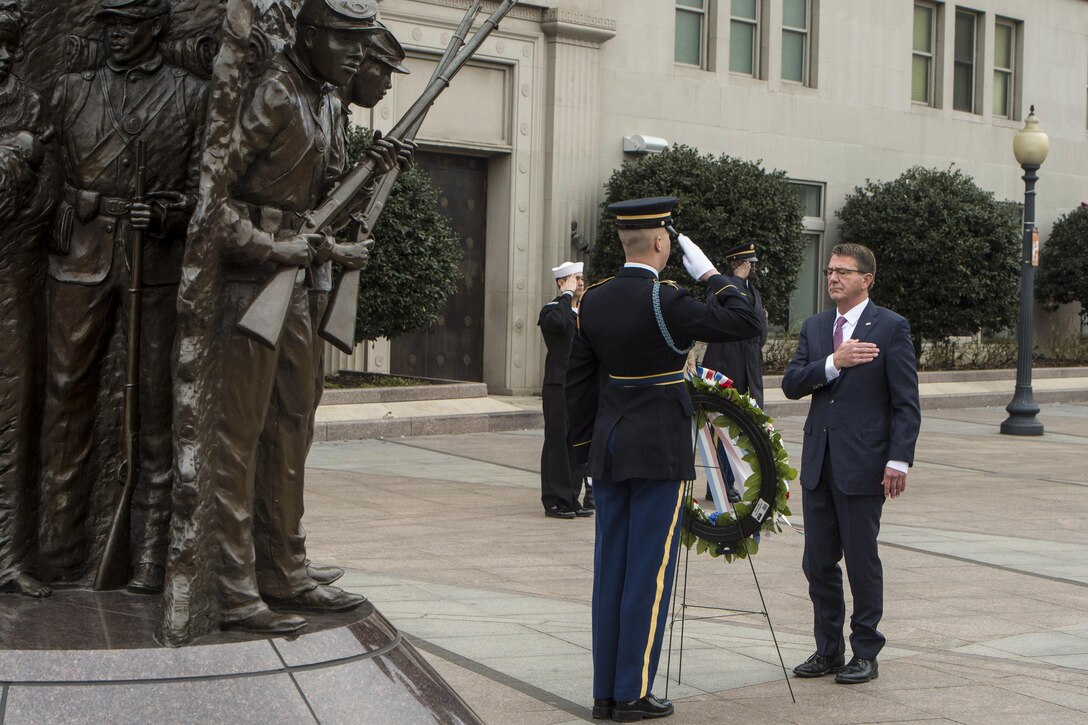 Defense Secretary Ash Carter lays a wreath at the African American Civil War Memorial in Washington, D.C., Feb. 29, 2016. DoD photo by Navy Petty Officer 1st Class Tim D. Godbee