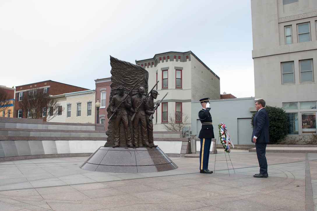 Defense Secretary Ash Carter prepares to lay a wreath at the African American Civil War Memorial in Washington, D.C., Feb. 29, 2016. DoD photo by Navy Petty Officer 1st Class Tim D. Godbee