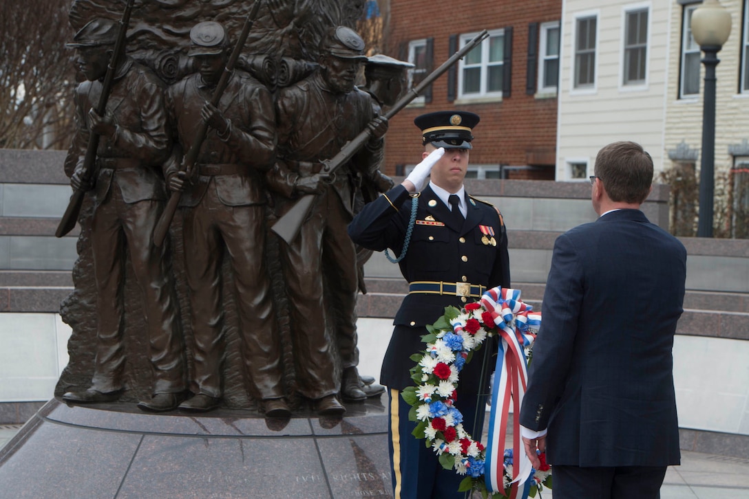 Defense Secretary Ash Carter lays a wreath at the African American Civil War Memorial in Washington, D.C., Feb. 29, 2016. DoD photo by Navy Petty Officer 1st Class Tim D. Godbee