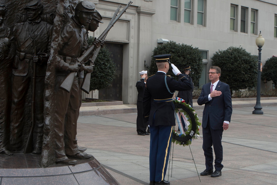 Defense Secretary Ash Carter lays a wreath at the African American Civil War Memorial in Washington, D.C., Feb. 29, 2016. DoD photo by Navy Petty Officer 1st Class Tim D. Godbee