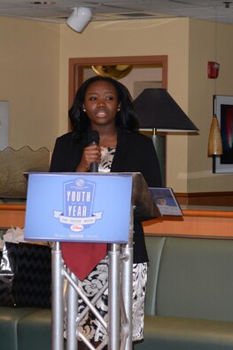 MiKaila Alexander, a senior at Ben Eielson High School, gives a speech during the 2016 Alaska Youth of the Year ceremony at the Westmark Hotel, Feb. 20, 2016, in Fairbanks, Alaska. Alexander won the Military Youth of the Year scholarship for the second year in a row and will compete at the next regional level this summer. (U.S. Air Force photo by Staff Sgt. Ashley Nicole Taylor/Released)