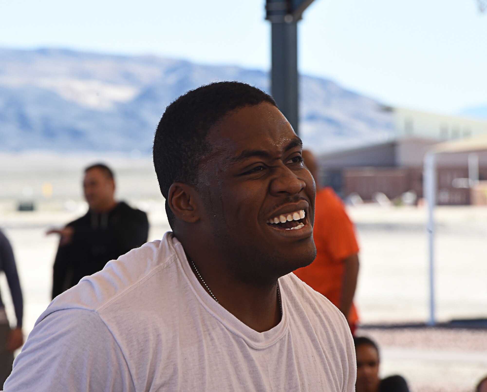 An Airman grimaces in disbelieve during  a three-on-three basketball tournament Feb. 26, 2016, at Creech Air Force Base, Nevada. This was the second annual tournament at Creech AFB used to build esprit de corps among units around base. (U.S. Air Force photo by Senior Airman Adarius Petty/Released)