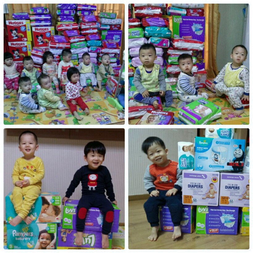 Babies pose with diaper donations at the Myung-Jin Orphanage in Seoul, Republic of Korea. More than 7,800 diapers were donated to Myung-Jin Orphanage in Seoul in a continued effort to support philanthropy. (Courtesy photo)