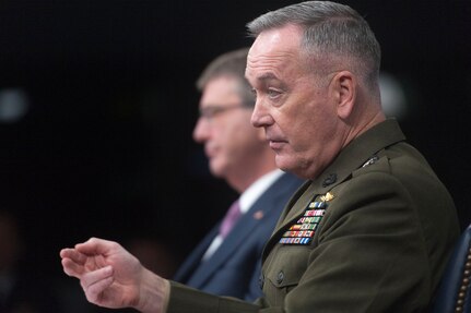 Marine Corps Gen. Joseph F. Dunford Jr., chairman of the Joint Chiefs of Staff, and Defense Secretary Ash Carter hold a news conference at the Pentagon, Feb. 29, 2016, to discuss progress against the Islamic State of Iraq and the Levant and lessons learned in Afghanistan.